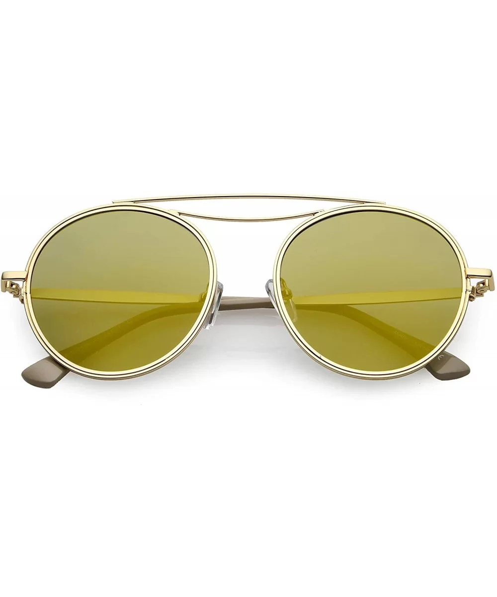 Polarized Round Aviator Sunglasses for Women Metal Brow Bar Mirrored Lens 52mm - Gold / Gold Mirror - CK12MZIR76Y $28.18 Round