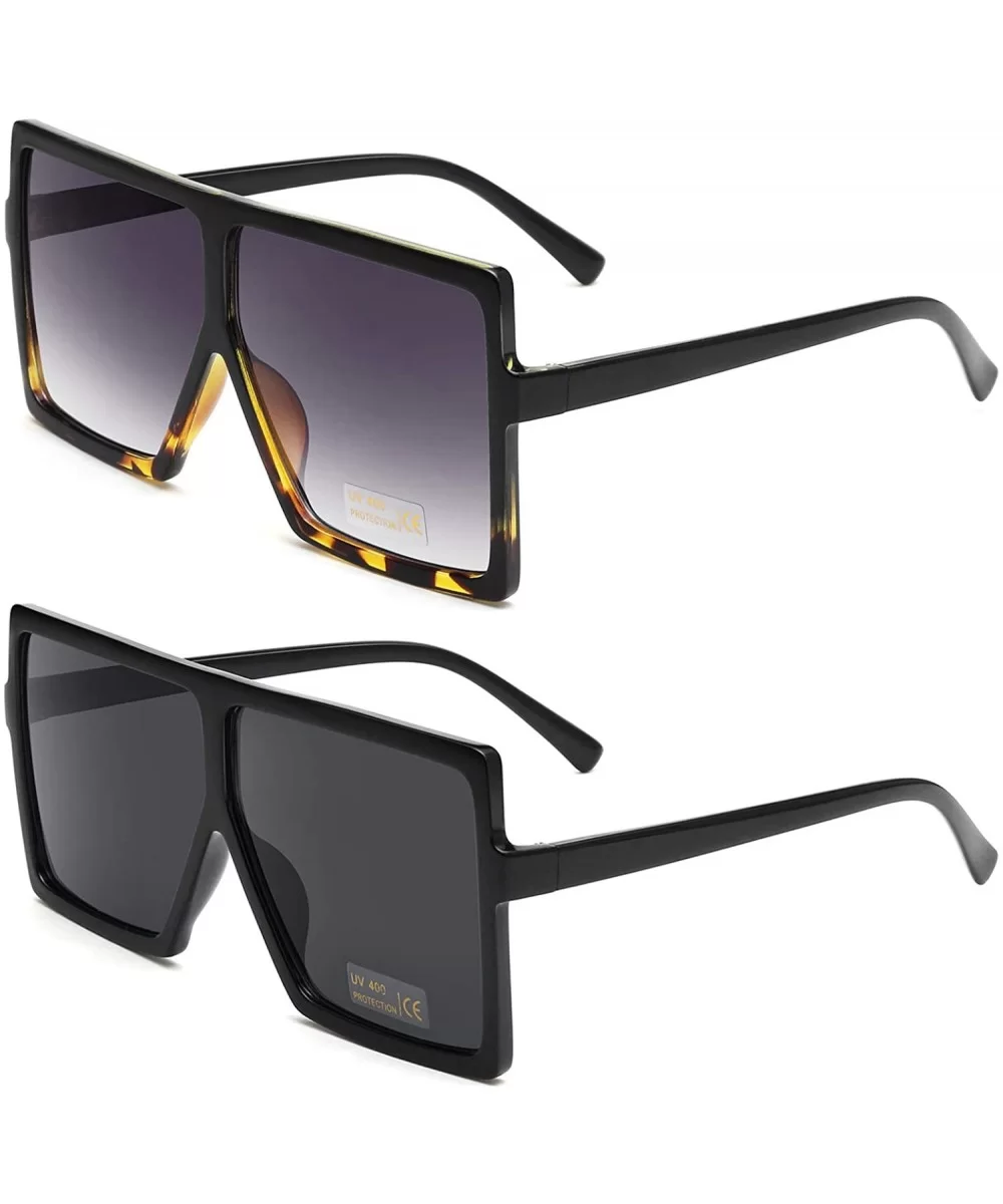 Square Oversized Sunglasses for Women Men Flat Top Fashion Shades - 2 Pcs-black- Leopard - C518KCXDKXM $17.08 Round