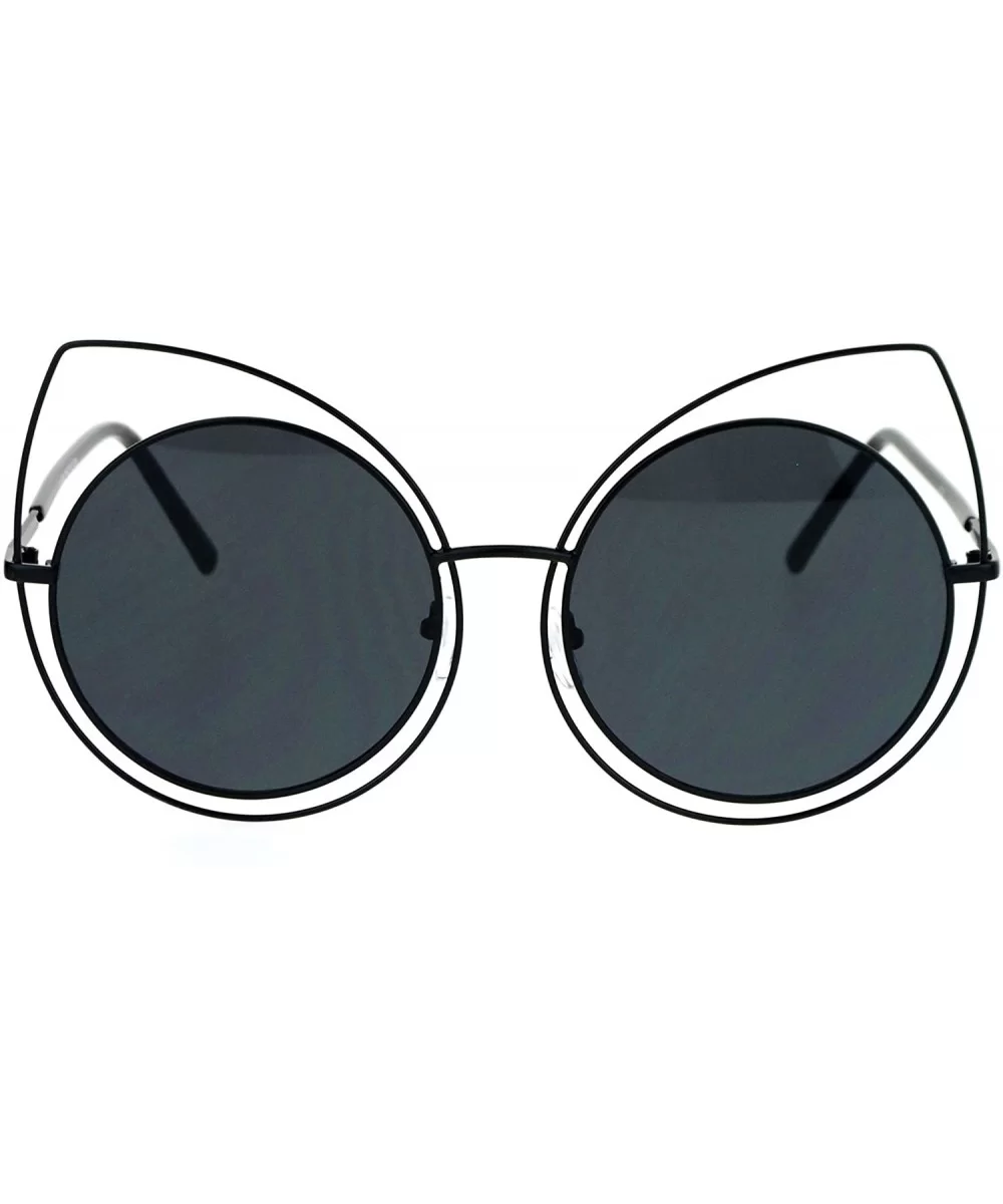 Wire Double Rim Round Circle Flat Lens Womens Retro Diva Sunglasses - All Black - CA12NZWG8BR $17.12 Round