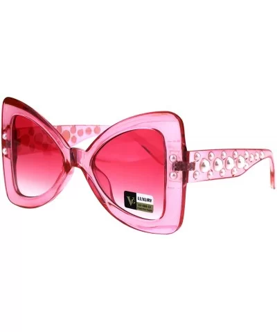 Womens Pearl Jewel Thick Plastic Butterfly Designer Fashion Sunglasses - Pink Red - CE18GM28889 $16.70 Oversized