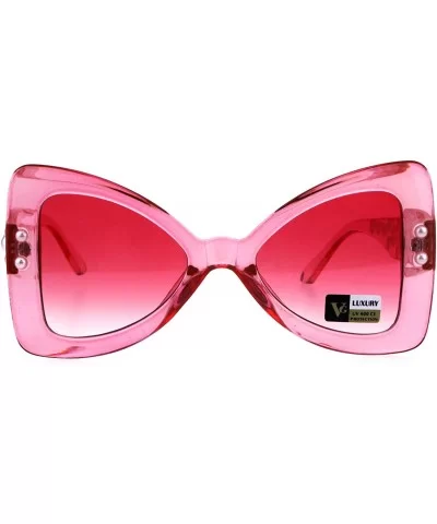 Womens Pearl Jewel Thick Plastic Butterfly Designer Fashion Sunglasses - Pink Red - CE18GM28889 $16.70 Oversized