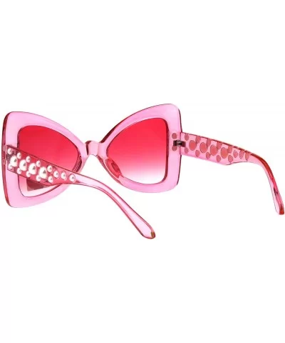 Womens Pearl Jewel Thick Plastic Butterfly Designer Fashion Sunglasses - Pink Red - CE18GM28889 $16.70 Oversized