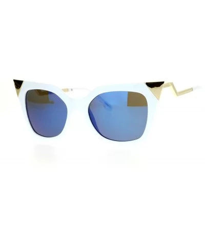 Womens Square Cateye Sunglasses Gold Accent Corner Zig Zag Side - White (Blue Mirror) - CL187USD25R $16.04 Square