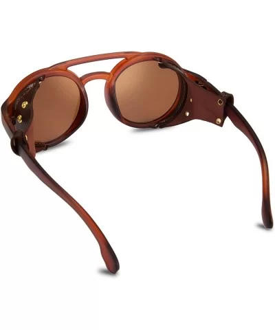 Retro Round Steampunk Sunglasses Women Men Vintage Eyewear Light Plastic Frame with Leatherwear B2532 - Brown - C518AOZ4RG7 $...