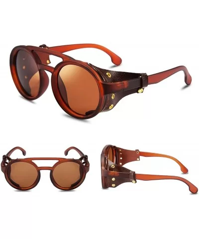 Retro Round Steampunk Sunglasses Women Men Vintage Eyewear Light Plastic Frame with Leatherwear B2532 - Brown - C518AOZ4RG7 $...