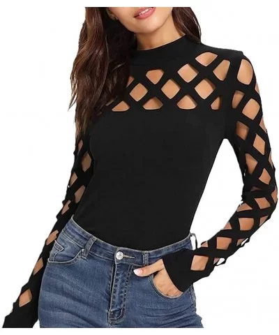 Women's Elegant Lace Tops Hollow Out Long Sleeve Hem Shirt Blouse - Black D - C8194K53C6H $20.73 Sport