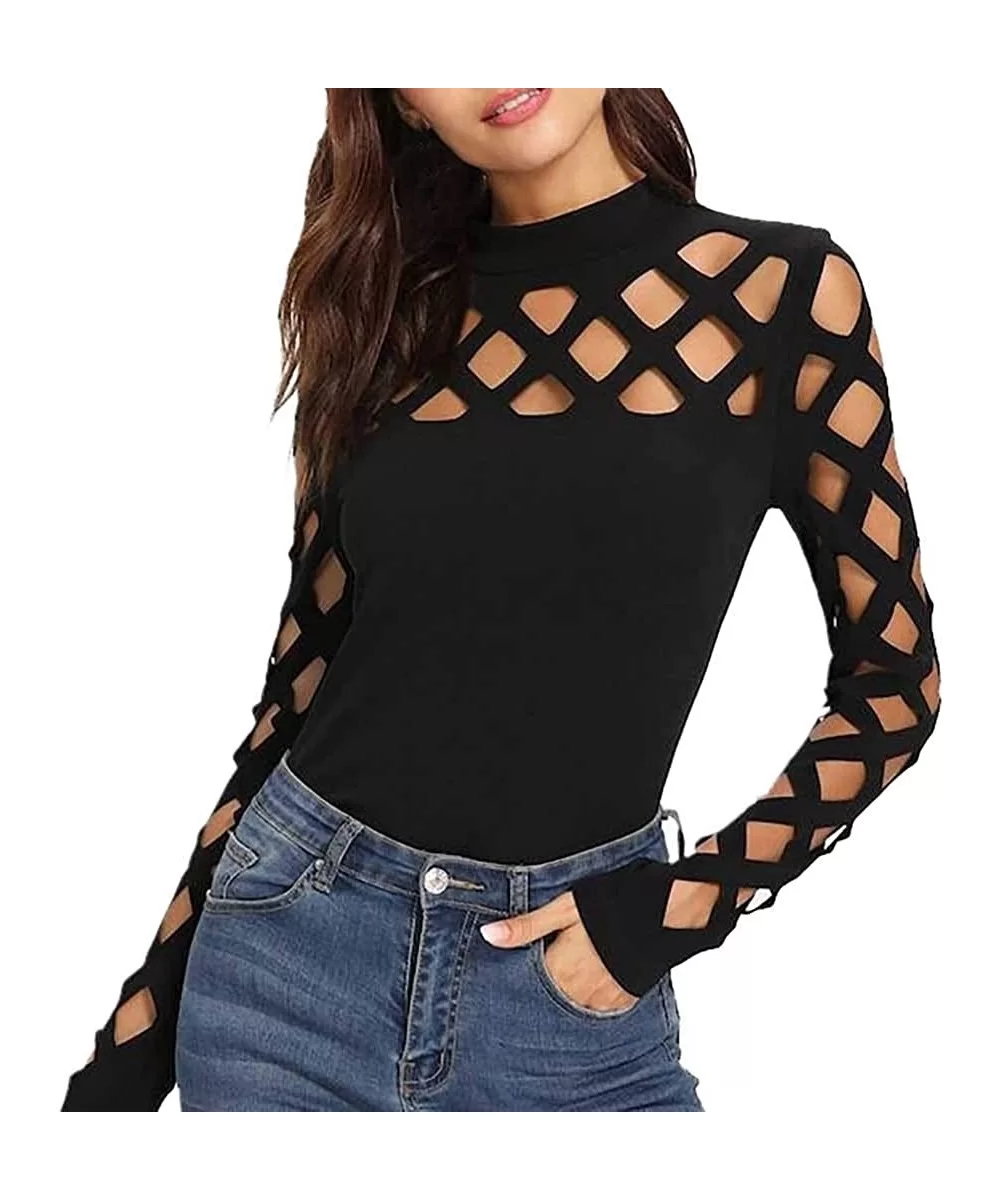 Women's Elegant Lace Tops Hollow Out Long Sleeve Hem Shirt Blouse - Black D - C8194K53C6H $20.73 Sport