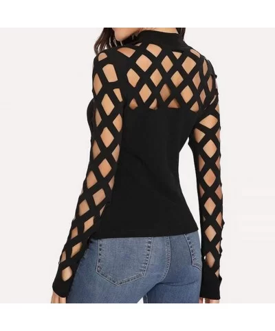 Women's Elegant Lace Tops Hollow Out Long Sleeve Hem Shirt Blouse - Black D - C8194K53C6H $20.73 Sport