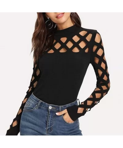 Women's Elegant Lace Tops Hollow Out Long Sleeve Hem Shirt Blouse - Black D - C8194K53C6H $20.73 Sport