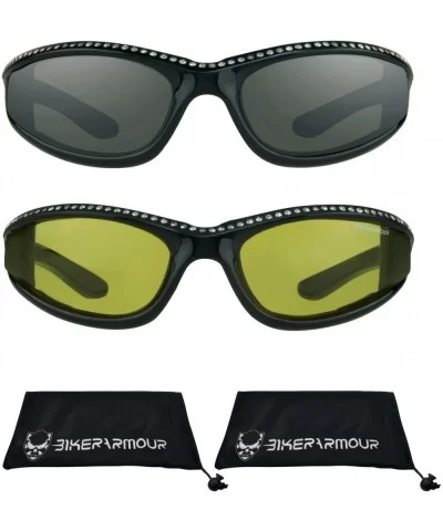 Rhinestone Motorcycle Sunglasses Foam Padded for Women. (Smoke Black + Yellow Black) - Smoke Black + Yellow Black - CG187QRIL...