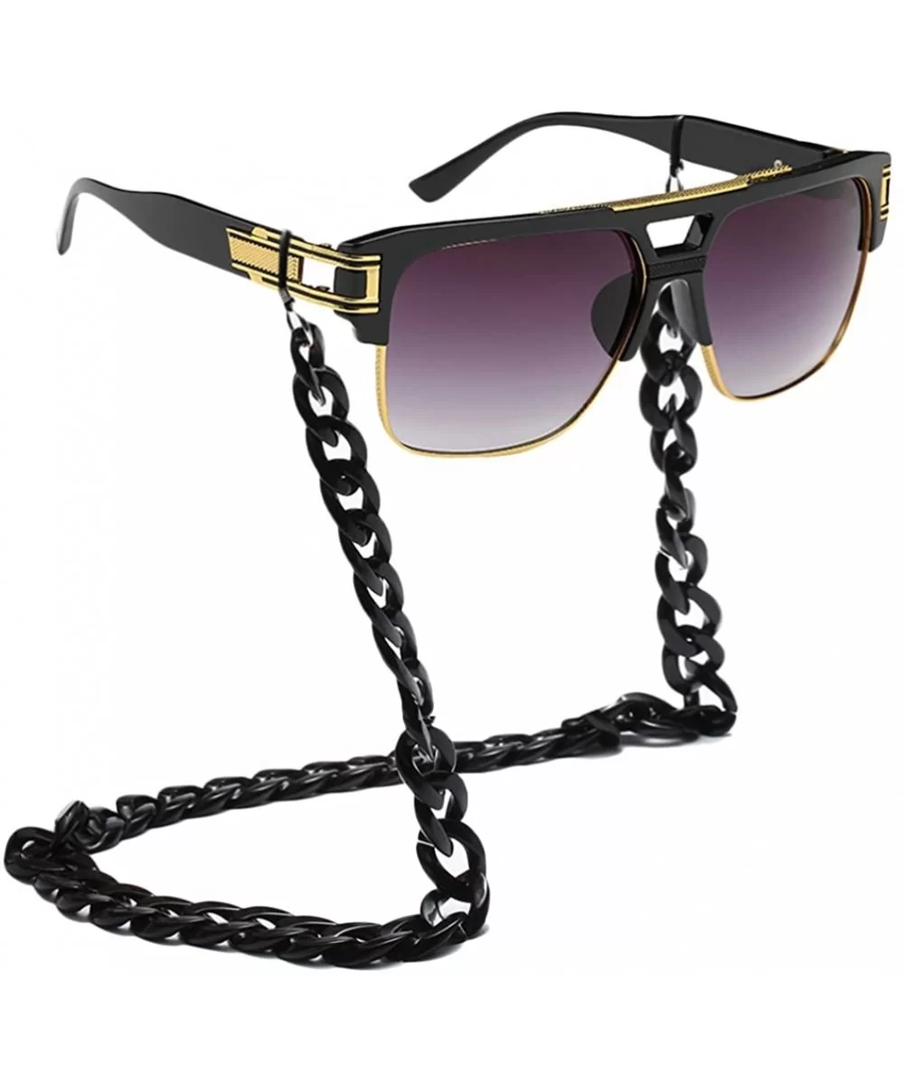 Men Women Square Retro Reflective Metal Frame Glasses Chain Strap Sunglasses - Black - CH18CYQCR92 $35.66 Square