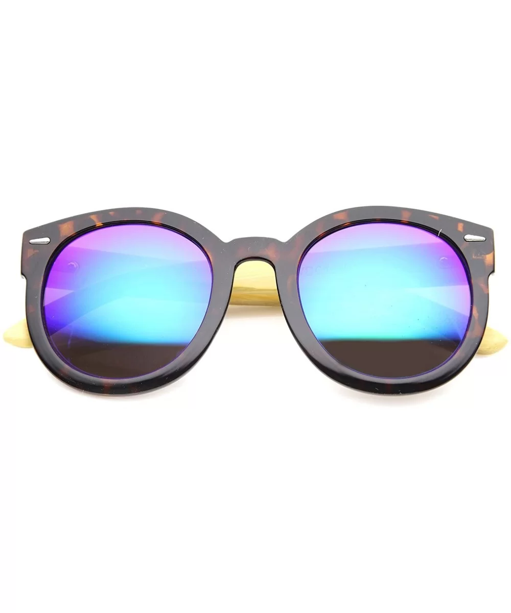 Eco-Friendly Real Bamboo Temples Mirrored Lens Round Sunglasses 53mm - Tortoise / Green Blue Mirror - CK12H0L9NCT $20.14 Round