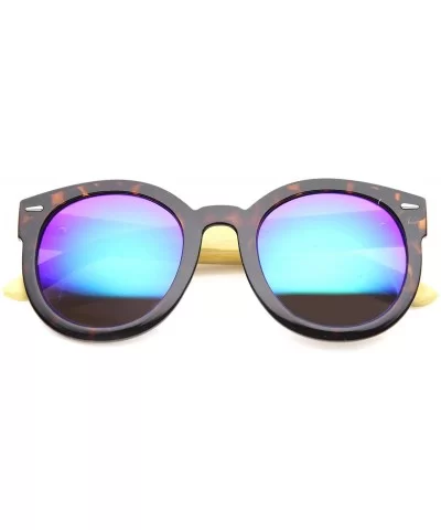 Eco-Friendly Real Bamboo Temples Mirrored Lens Round Sunglasses 53mm - Tortoise / Green Blue Mirror - CK12H0L9NCT $20.14 Round