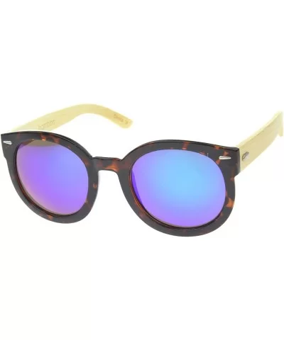 Eco-Friendly Real Bamboo Temples Mirrored Lens Round Sunglasses 53mm - Tortoise / Green Blue Mirror - CK12H0L9NCT $20.14 Round