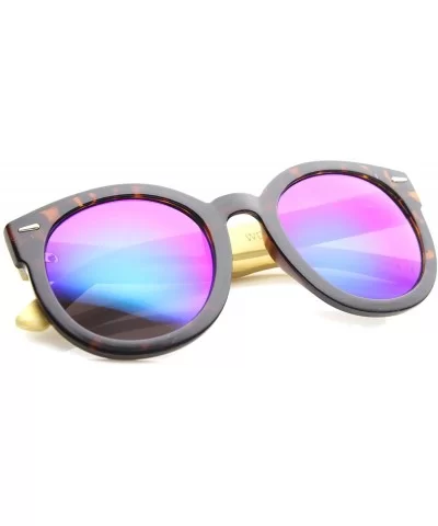 Eco-Friendly Real Bamboo Temples Mirrored Lens Round Sunglasses 53mm - Tortoise / Green Blue Mirror - CK12H0L9NCT $20.14 Round