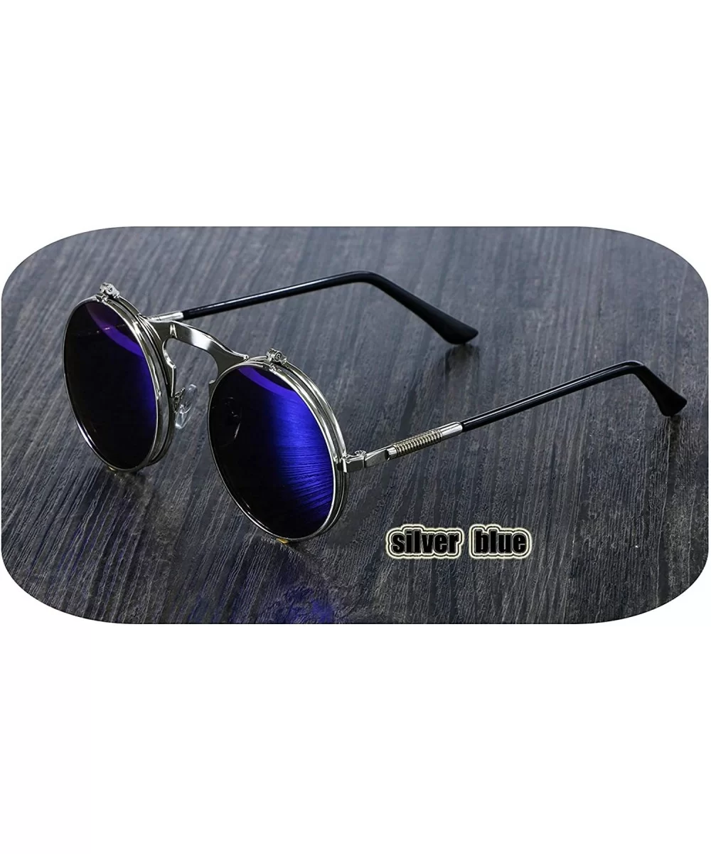 3057 Steampunk Sunglasses Round Metal Women Style Retro Flip Circular Double Sun Glasses Men CIRCLE - Silver Blue - C9198576W...