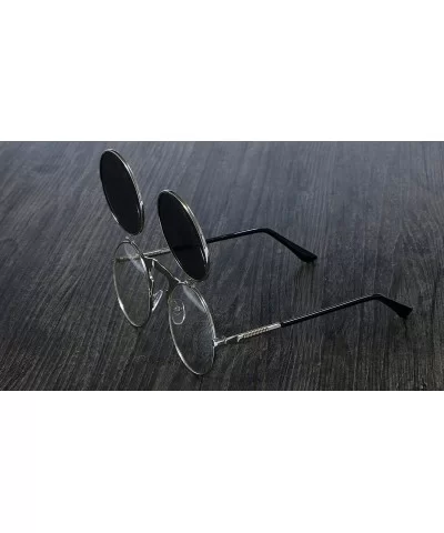 3057 Steampunk Sunglasses Round Metal Women Style Retro Flip Circular Double Sun Glasses Men CIRCLE - Silver Blue - C9198576W...