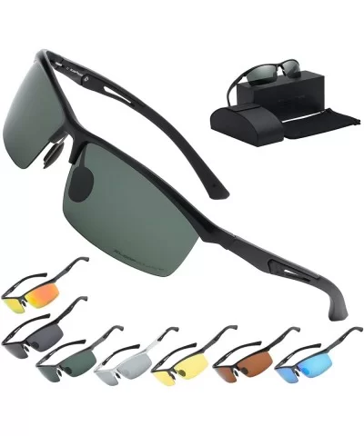 Polarized Rectangular Al-Mg Metal Semi Rimless Fishing Sunglasses For Men - Matte Black - Polarized Olive - CP18HM9E37Q $44.4...