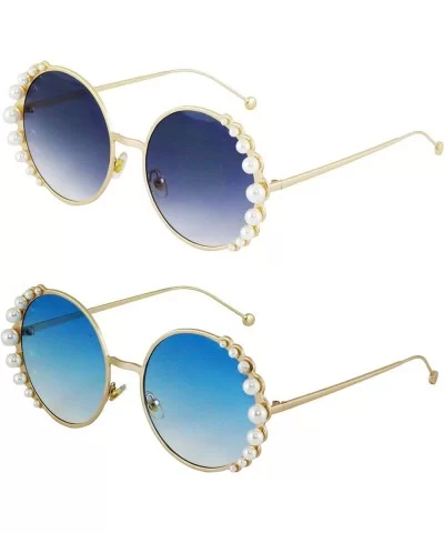 Fashion Round Pearl Decor Metal Frame Women's Sunglasses UV Protection - Black and Blue - CZ18TNU79DX $27.53 Round