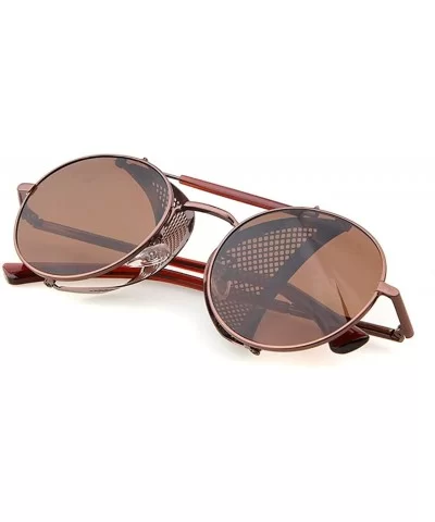 STY056 Metal Frame Mesh Fold-in Side Shield Round 52mm Sunglasses (C6-brown+brown- 0) - C212EWY35CL $37.19 Goggle