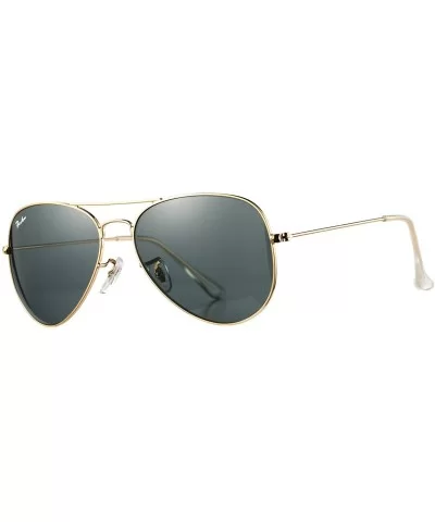 Classic Aviator Sunglasses for Men Women 100% Real Glass Lens - Gold/Grey - CP18ET9779S $39.28 Round