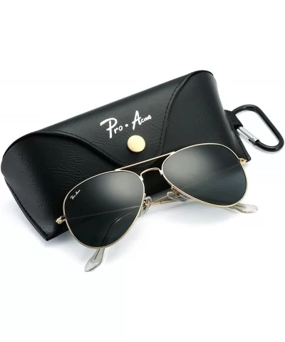 Classic Aviator Sunglasses for Men Women 100% Real Glass Lens - Gold/Grey - CP18ET9779S $39.28 Round