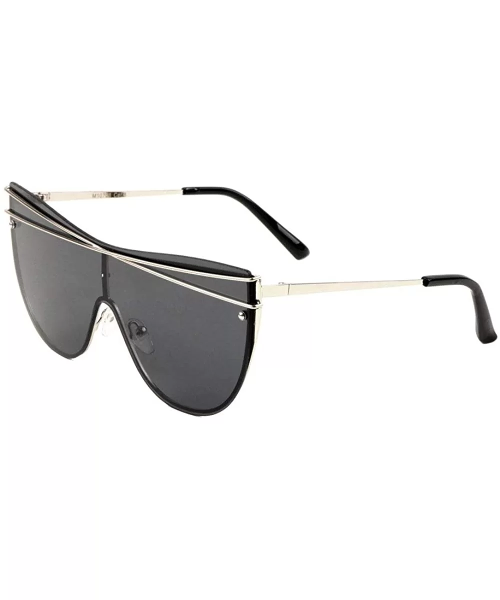 Rimless One Piece Round Cat Eye Shield Crossed Top Bars Sunglasses - Black Silver - C0197N68U4R $20.89 Shield