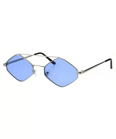 Hexagon Diamond Shape Sunglasses Flat Top Thin Metal Frame Color Lens UV 400 - Silver (Blue) - CG18N8M6ITS $13.16 Square