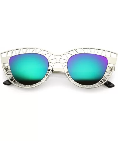 Unique Laser Cut Out Color Mirrored Lens Cat Eye Sunglasses 48mm - Matte Silver / Green Mirror - C3188K93ILM $17.30 Cat Eye