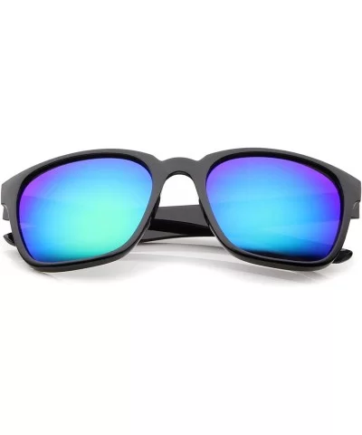 Modern Wide Temples Square Color Mirror Lens Horn Rimmed Sunglasses 56mm - Shiny Black / Green Mirror - C612K5F7QE9 $12.27 Wa...