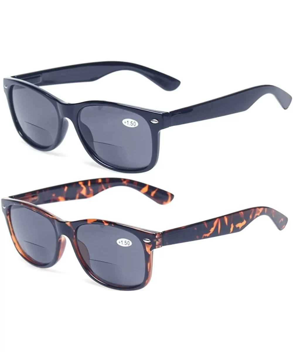 Bifocal Reading Glasses Grey Lens Spring Hinge Plastic Outdoor Sunglasses - 1 Black 1 Tortoise - CY185MG7GOG $21.64 Shield