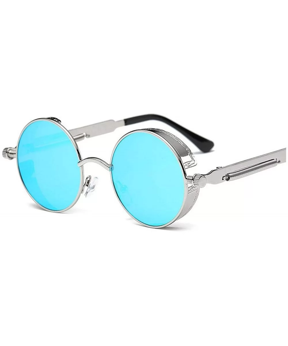 Round Metal Sunglasses Steampunk Men Women Fashion Glasses Er Retro Vintage UV400 - Silver Blue - C6198AHQZRO $50.67 Goggle