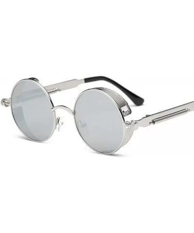 Round Metal Sunglasses Steampunk Men Women Fashion Glasses Er Retro Vintage UV400 - Silver Blue - C6198AHQZRO $50.67 Goggle