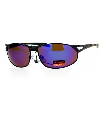 Mens Mirrored Mirror Lens Camo Arm Warp Oval Sport Metal Sunglasses - Black Dark Blue - CH12HVJRJOJ $16.77 Oval