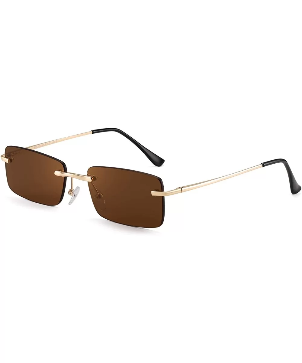 Slim Rimless Rectangular Sunglasses Vintage Slender Clear Glasses Spring Hinge - Gold Frame / Brown Lens - CX192S5E063 $24.34...