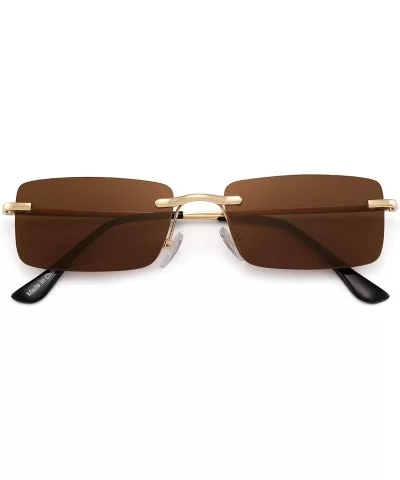 Slim Rimless Rectangular Sunglasses Vintage Slender Clear Glasses Spring Hinge - Gold Frame / Brown Lens - CX192S5E063 $24.34...