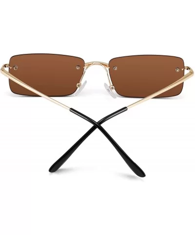 Slim Rimless Rectangular Sunglasses Vintage Slender Clear Glasses Spring Hinge - Gold Frame / Brown Lens - CX192S5E063 $24.34...