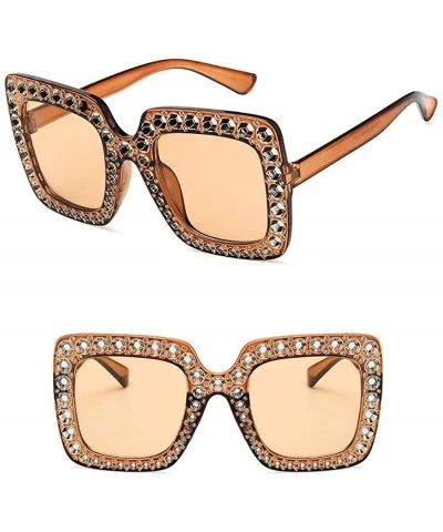 Women Fashion Square Frame Rhinestone Decor Sunglasses Sunglasses - Brown - CF199OG58T3 $37.70 Square