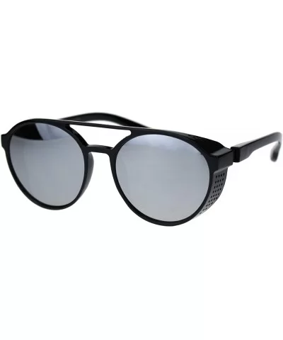 Mens Cafe Racer Style Side Visor Round Vintage Plastic Sunglasses - Black Silver Mirror - CD18QATX0X4 $17.03 Oval