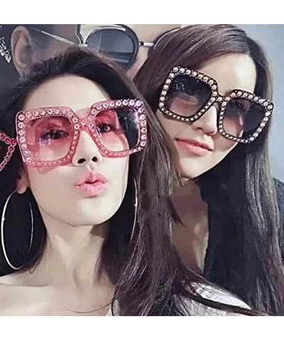 Women Vintage Style Rhinestone Square Mirror Sunglasses Plastic Frame Sun Glasses - Pink - C31982X5M49 $15.99 Oversized