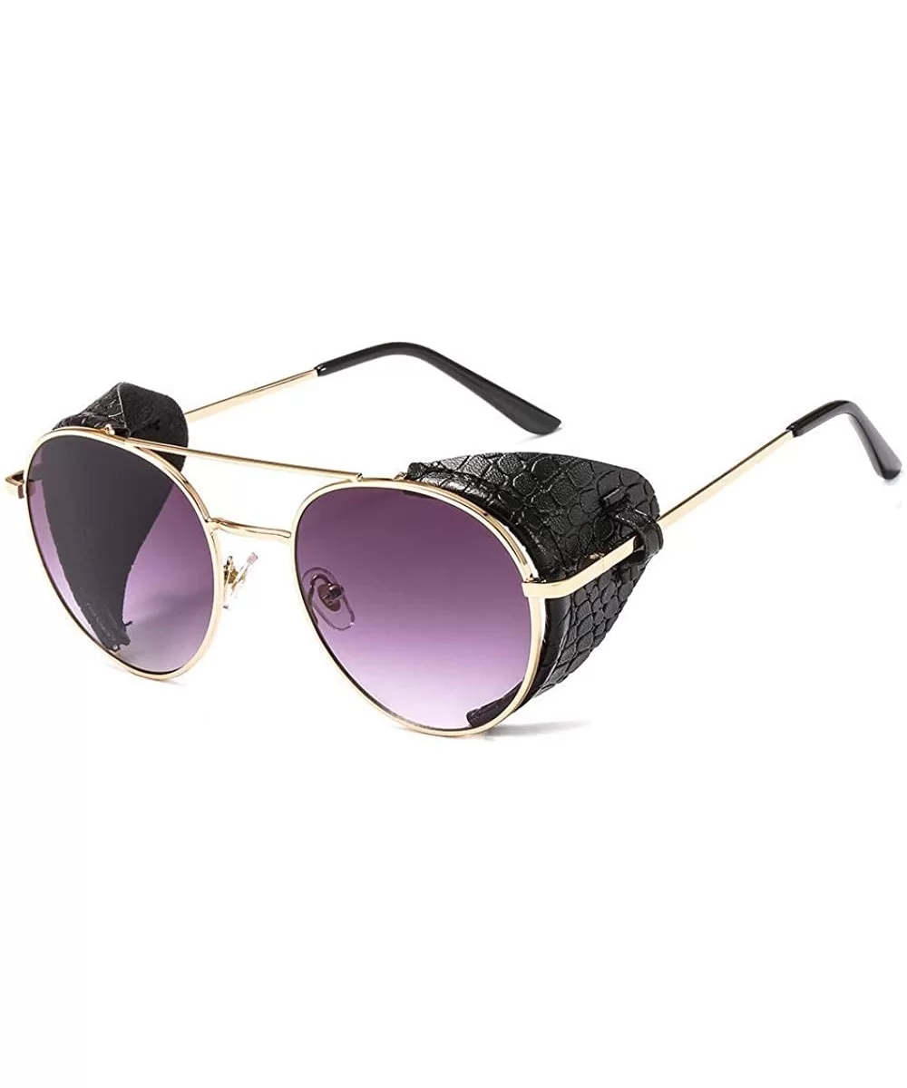 Fashion ladies sunglasses punk metal round frame leather windproof edge UV400 - CS198UT0E7R $41.26 Round