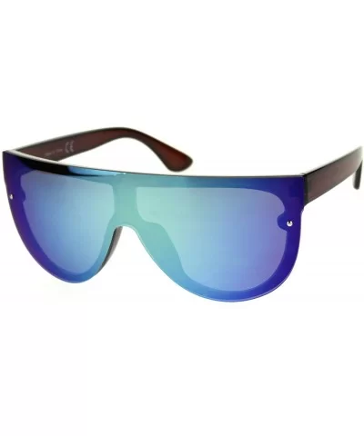 Trendy Cyber Robotic Flat Top 80s Mirror Shield Plastic Sunglasses - Brown Light Blue Mirror - CR18TNOZR4K $16.80 Rectangular