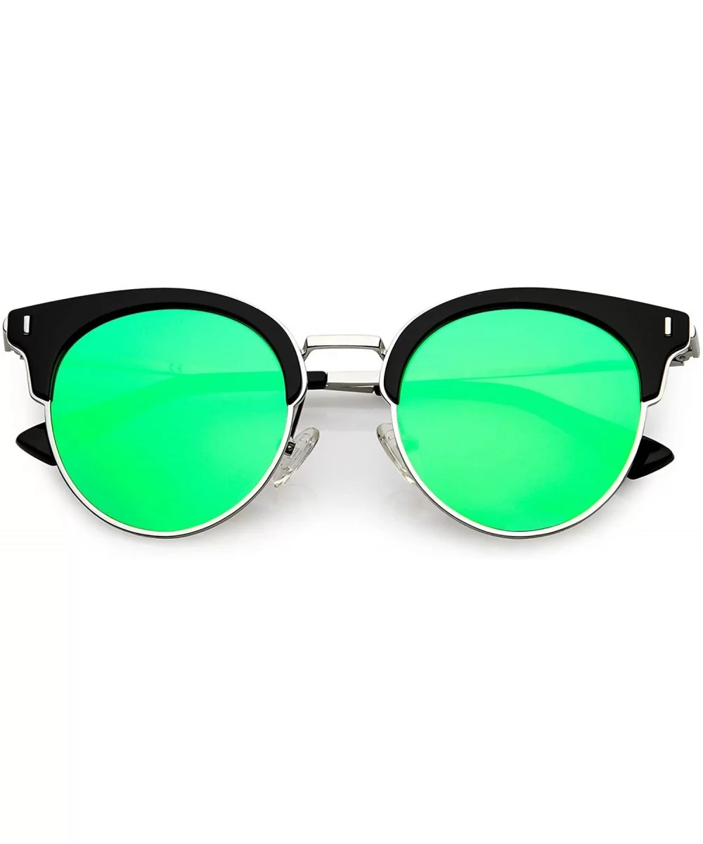 Polarized Semi Rimless Cat Eye Sunglasses For Women Round Mirrored Lens 49mm - Black / Green Mirror - CY12MXKD1ZN $29.75 Rimless