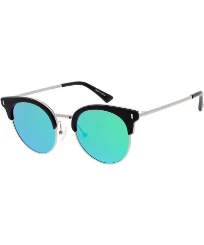 Polarized Semi Rimless Cat Eye Sunglasses For Women Round Mirrored Lens 49mm - Black / Green Mirror - CY12MXKD1ZN $29.75 Rimless