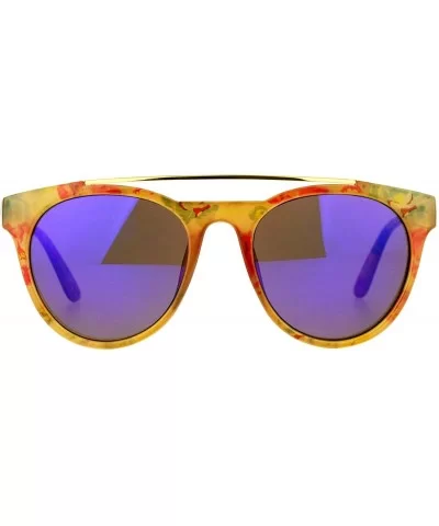 Floral Flower Print Womens Sunglasses Retro Metal Top Bar Round Aviator - Tan Florals (Purple Mirror) - CS188G52QO5 $14.54 Av...