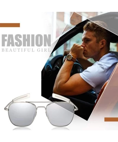 Mens Aviator Sunglasses Polarized Pilot Military Square Shades with Bayonet Temples - Silver - C61938MRW3O $20.82 Oversized