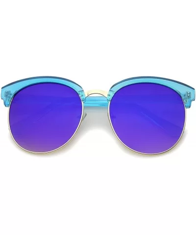 Oversize Transparent Half-Frame Mirrored Flat Lens Round Sunglasses 68mm - Blue-gold / Purple Mirror - C812MAHTYXJ $12.54 Rim...