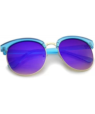 Oversize Transparent Half-Frame Mirrored Flat Lens Round Sunglasses 68mm - Blue-gold / Purple Mirror - C812MAHTYXJ $12.54 Rim...