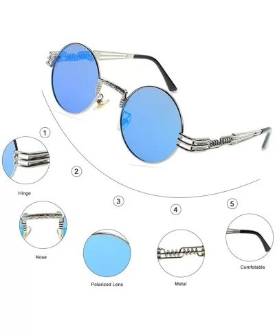 Round Sunglasses for Women Men - Polarized Lens-100% UV Protection - Silver Frame/Blue Lens - CG199O90WQ5 $19.13 Round