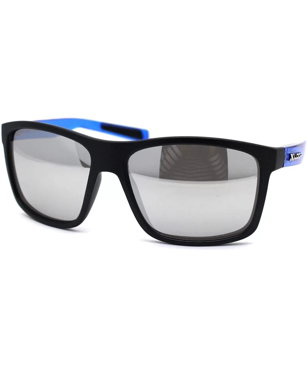 Oversize Rectangular Sport Horn Rim Mens Sunglasses - Matte Black Blue Silver Mirror - CM195ZTG0WQ $16.83 Oversized